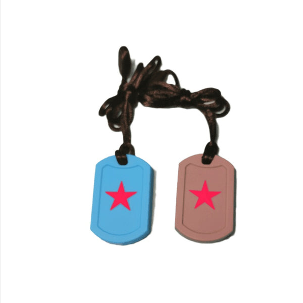 dog tag sensory pendants in blue and grey with red star