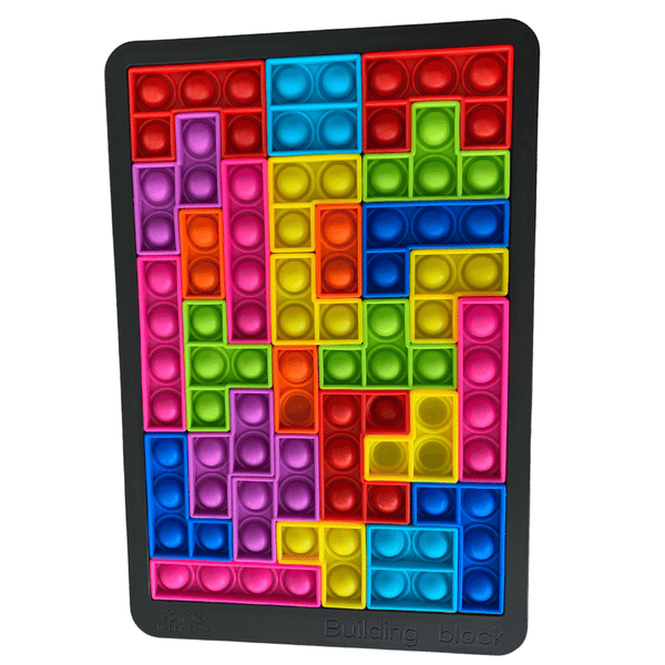 Tetris puzzle bubble popper, black base with rainbow pieces
